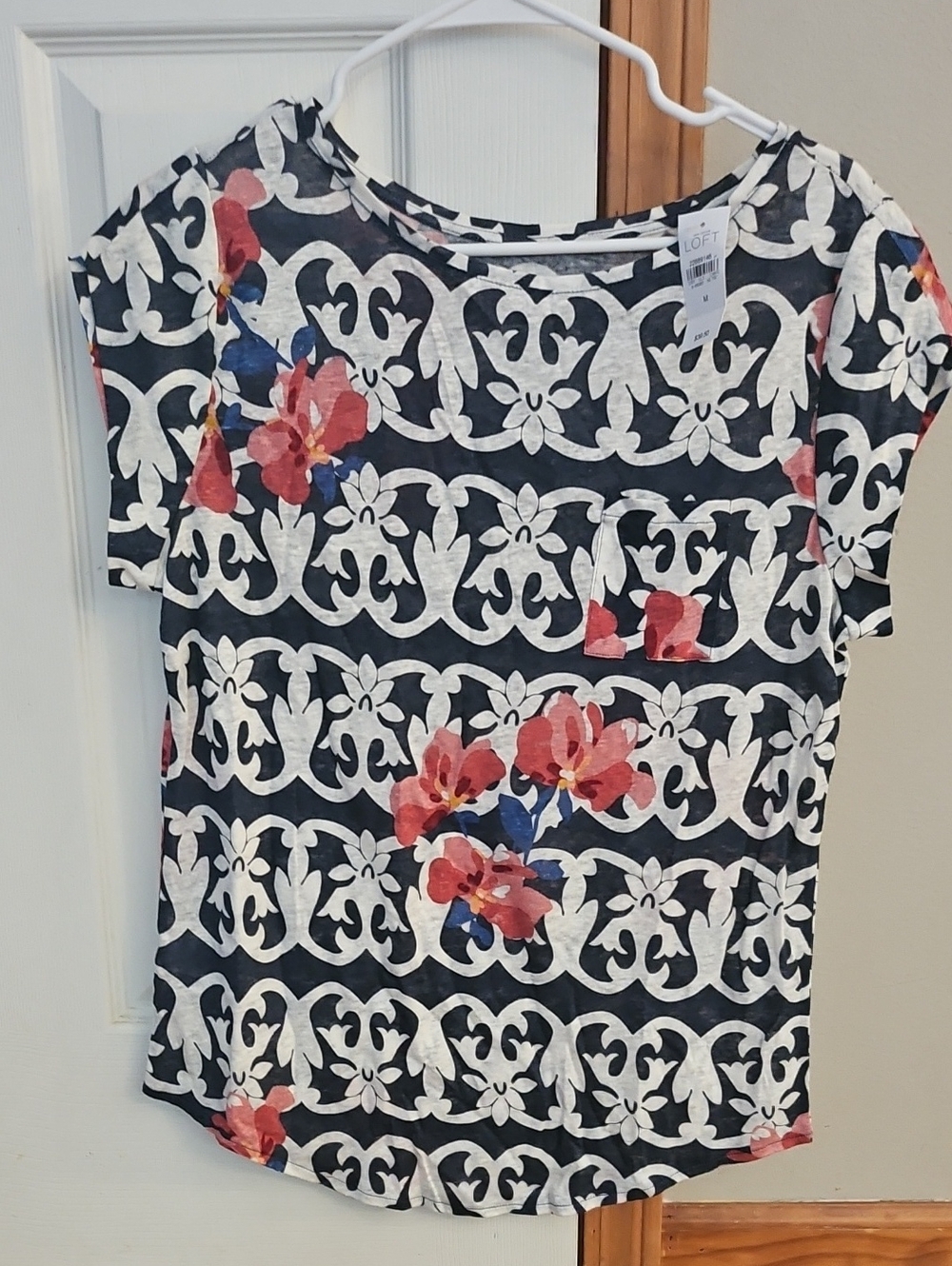 NWT LOFT Blue & White Short Sleeve Tee with Coral Floral Accents